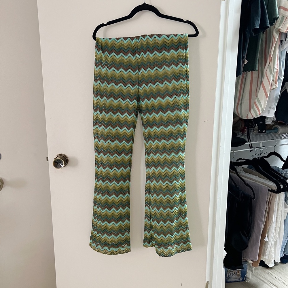 Green patterned knit flare pants, festival wear